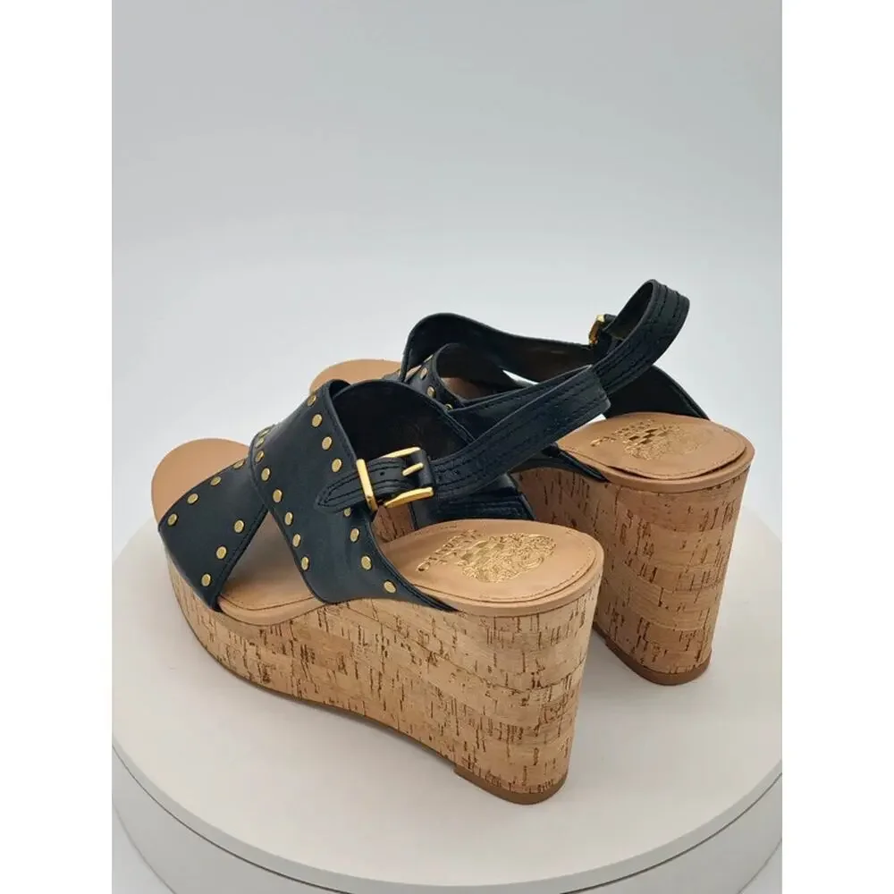 Vince Camuto Ellana Black Leather Studded Cork Wedge Sandals Women’s Size 9M New